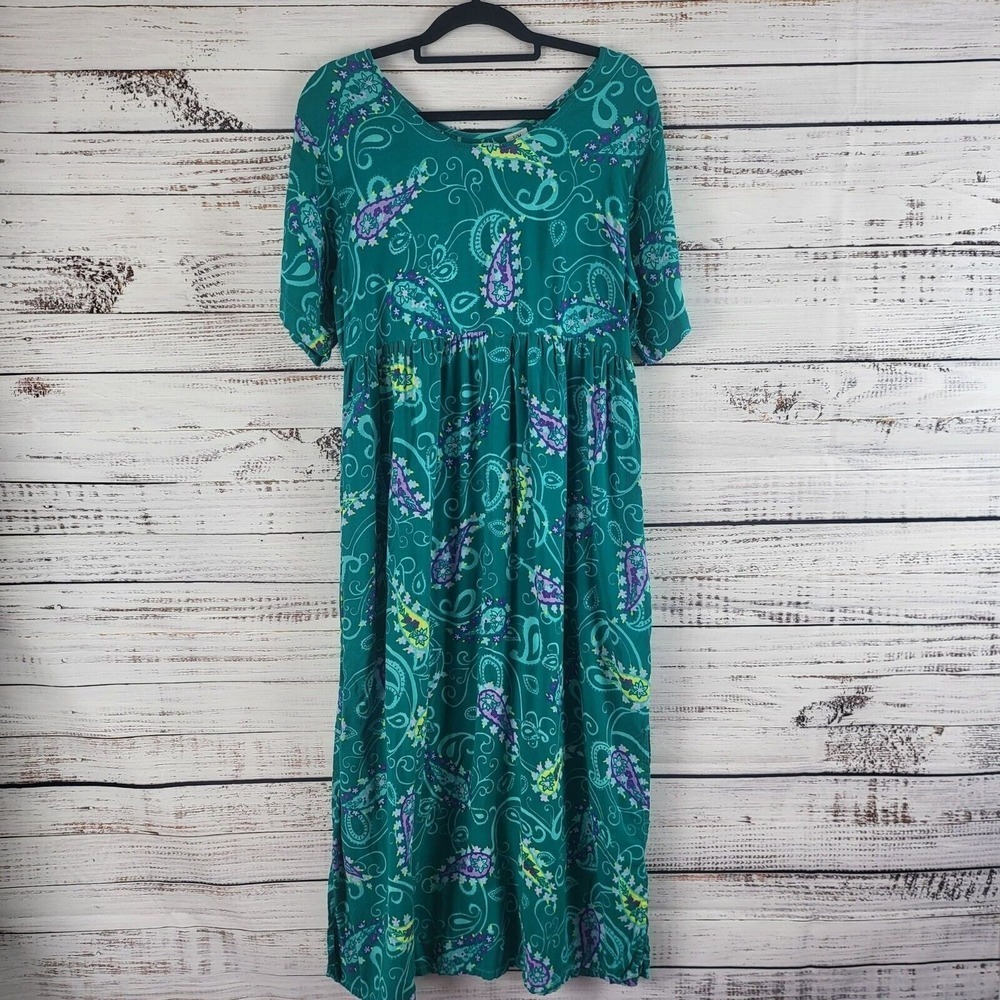 Vintage Diane Von Furstenberg Teal Paisley Dress S Womens Short Sleeve 90's Midi